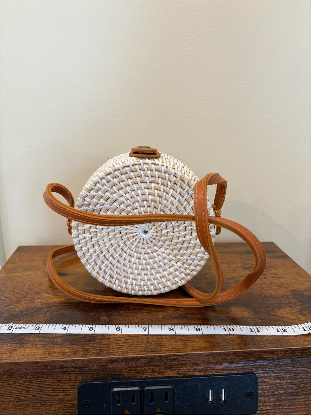 Woven Round Crossbody Bag with Tan Leather Strap